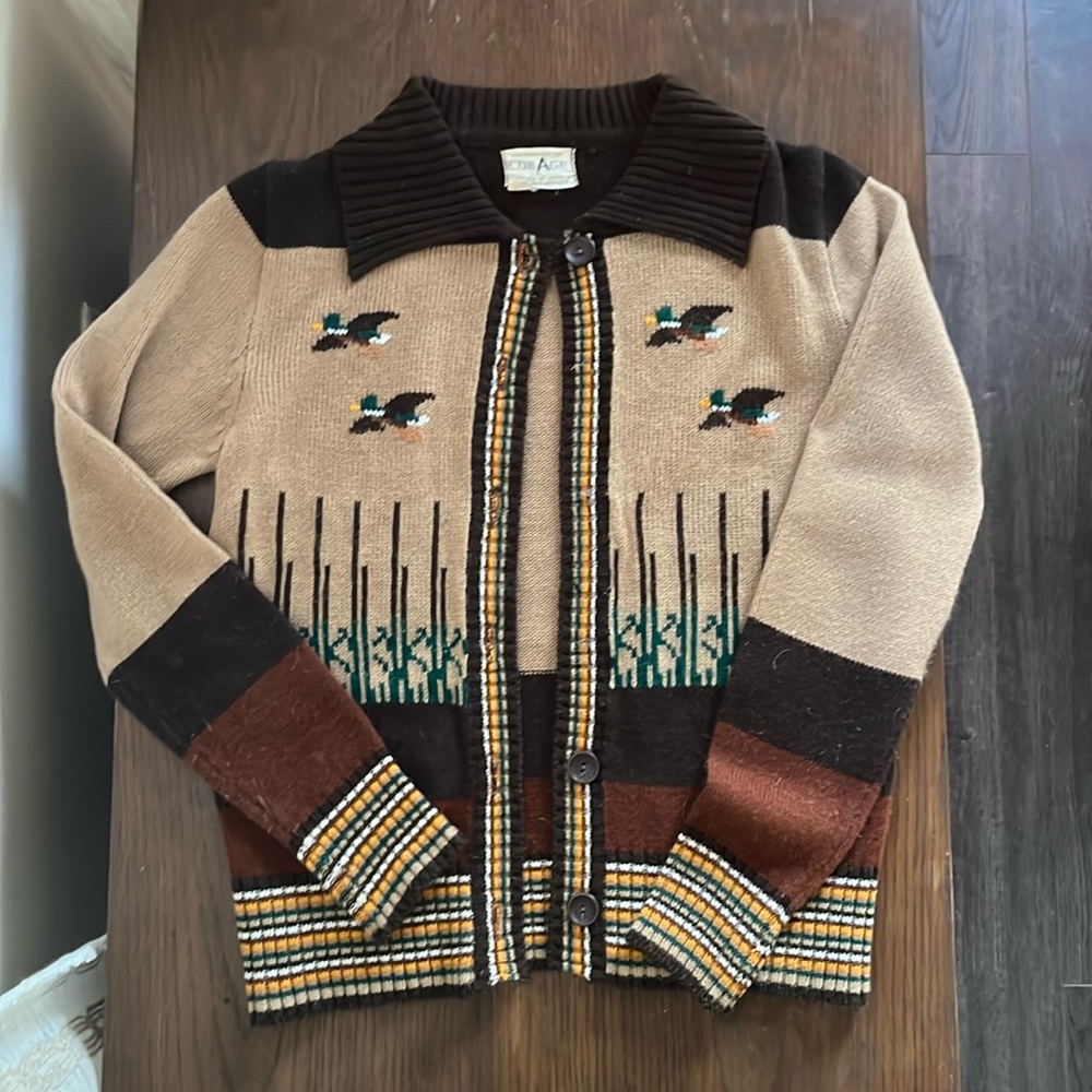 Vintage 1970s Collage Duck Cardigan
